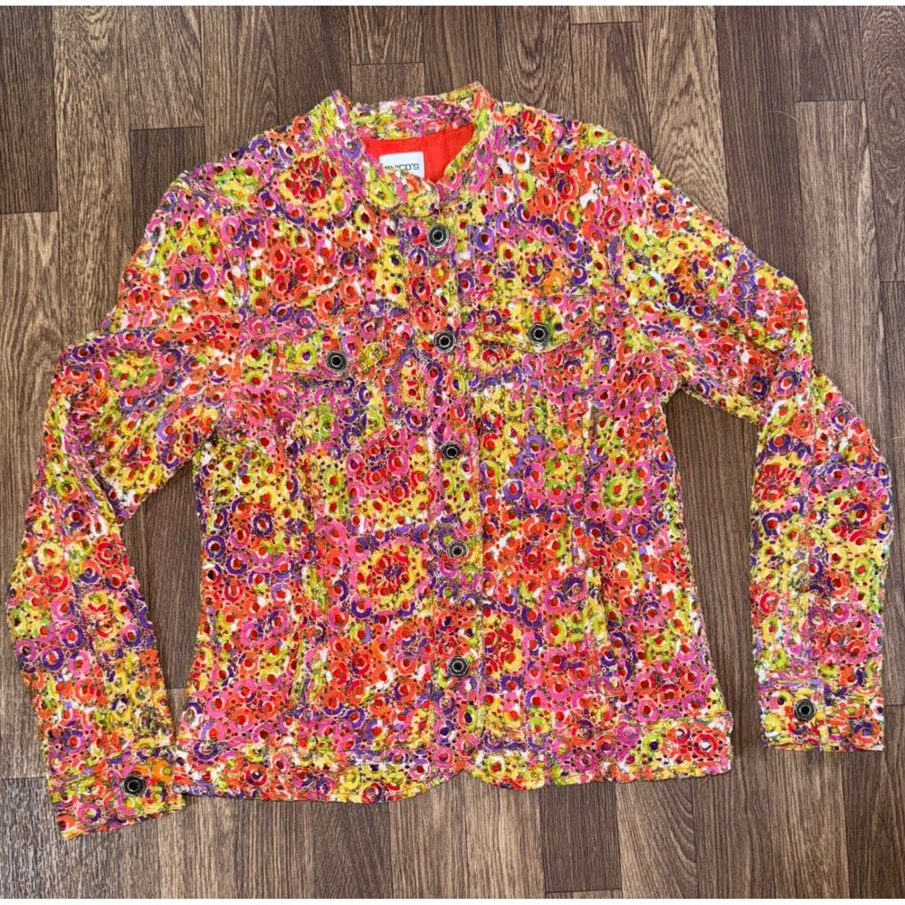 Chico's Floral Embroidered Jacket Colorful Button‎ Front Spring Coat Size 1